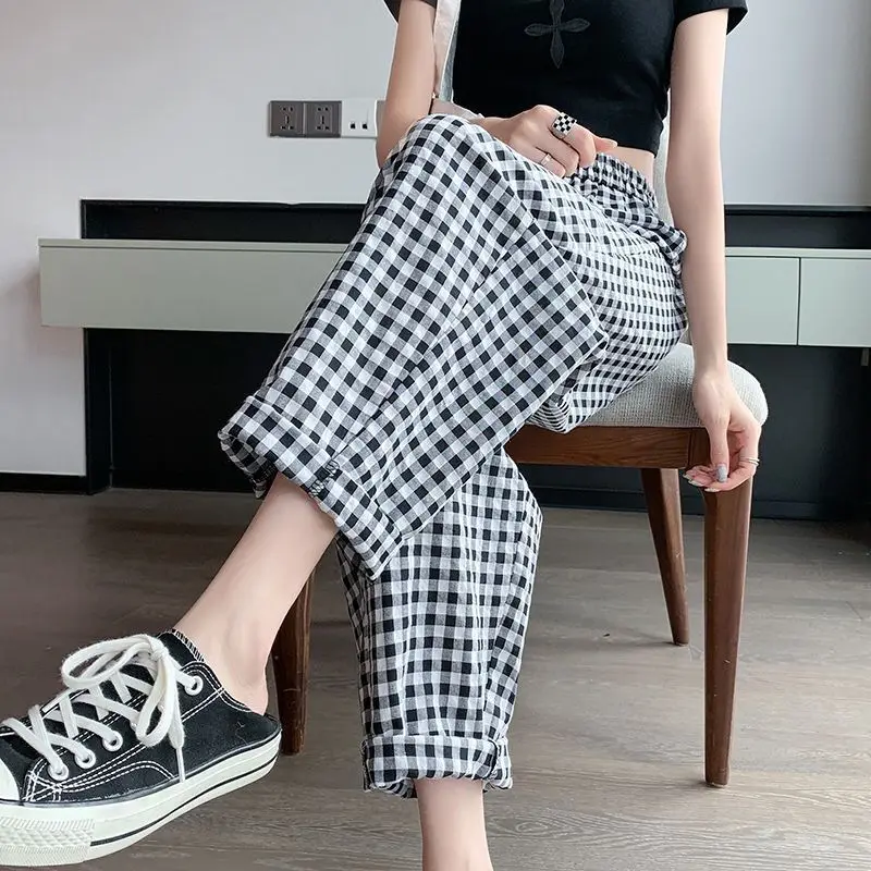 

Summer High Waist Plaid All-match Casual Pants Thin Loose High Street Youth Straight Pants Fashion Trend Vintage Women Clothing