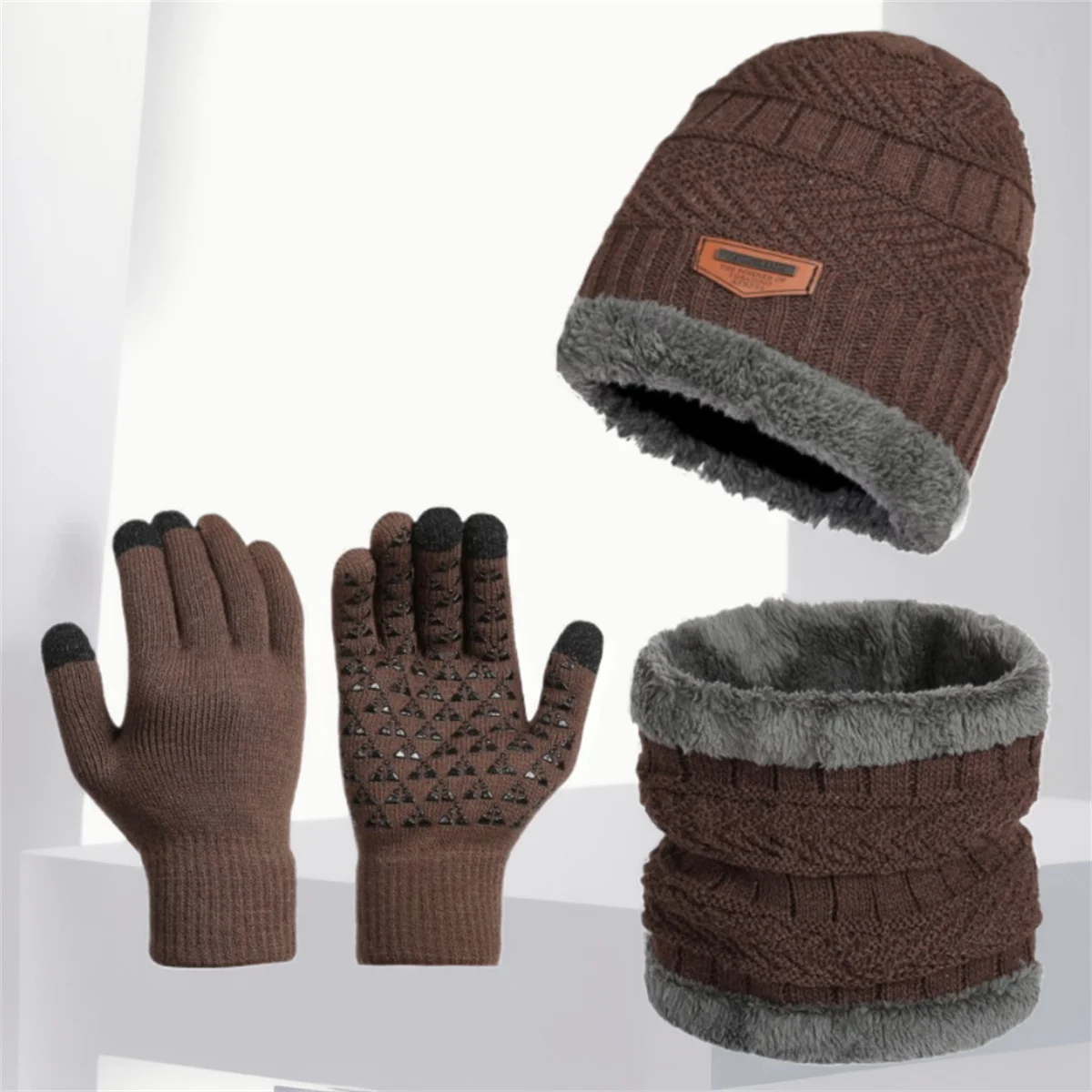 الخريف والشتاء الرجال والنساء قبعة ثلاث قطع مجموعة محبوك قبعة قبعة دافئة عدم الانزلاق قفازات شاشة اللمس بالإضافة إلى قبعة وشاح مخملية #6