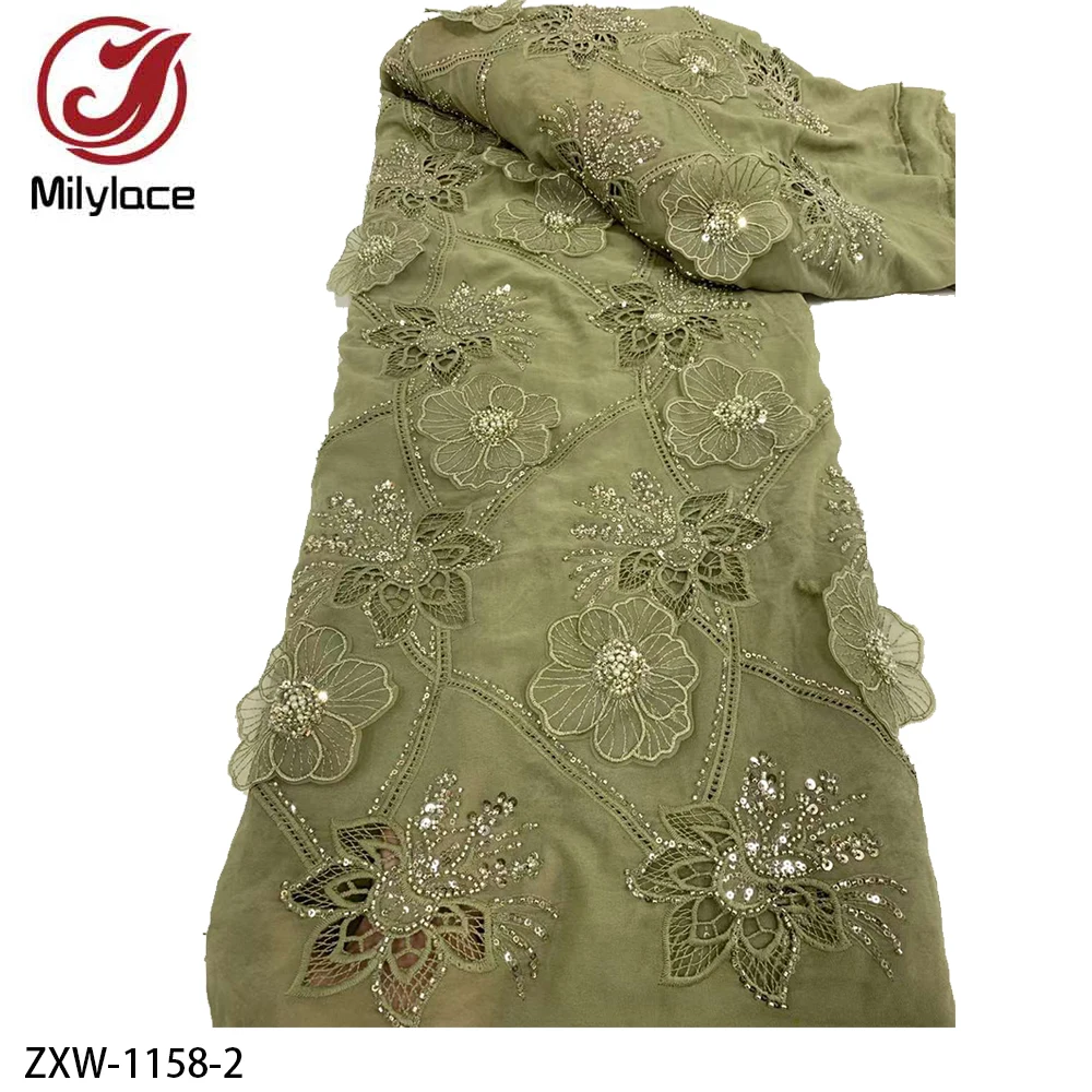 African 3D Flower Lace French Sequins Embroidery Beaded Lace Fabrics for Wedding  ZXW-1158