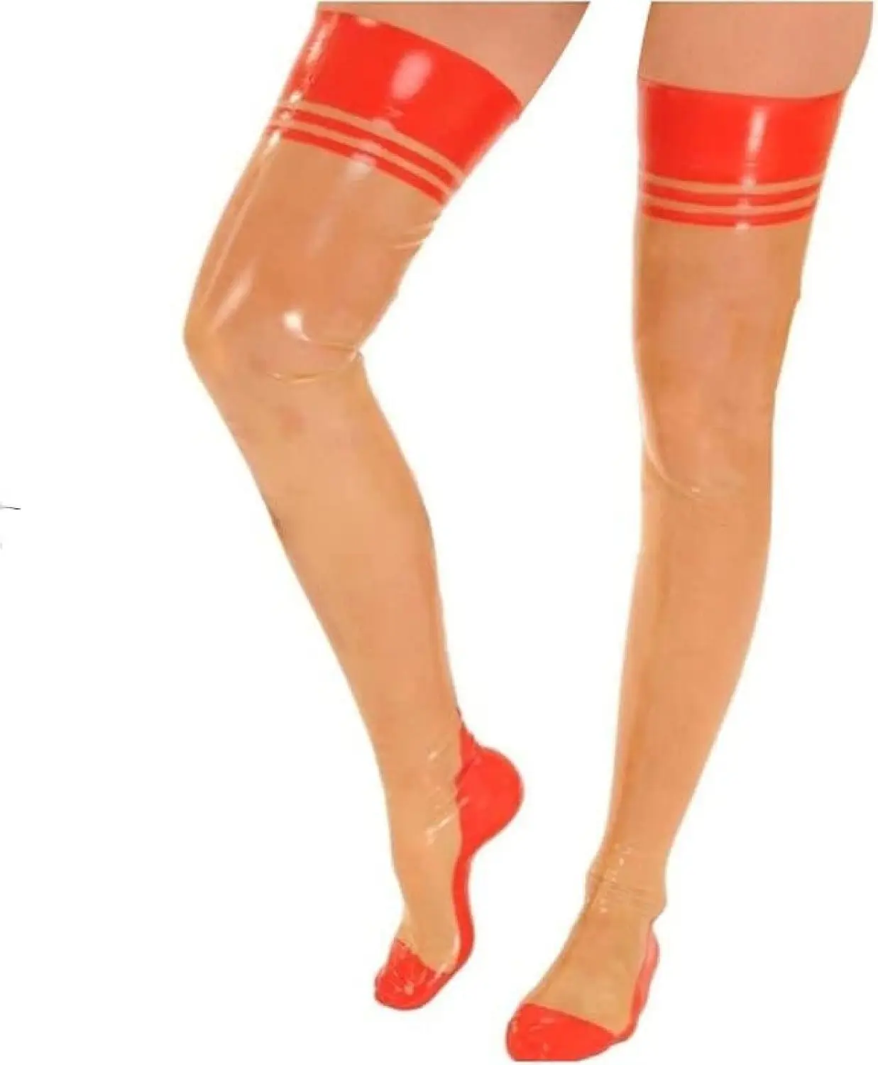 

Transparent and Red Trims Sexy Long Latex Stockings Rubber Thigh High Stockings