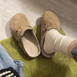 Faux Suede Flat Birken Slippers Women 2023 Autumn Vintage Close Toe Mules Shoes Woman Soft Sole Cork Slides Outdoor Slippers