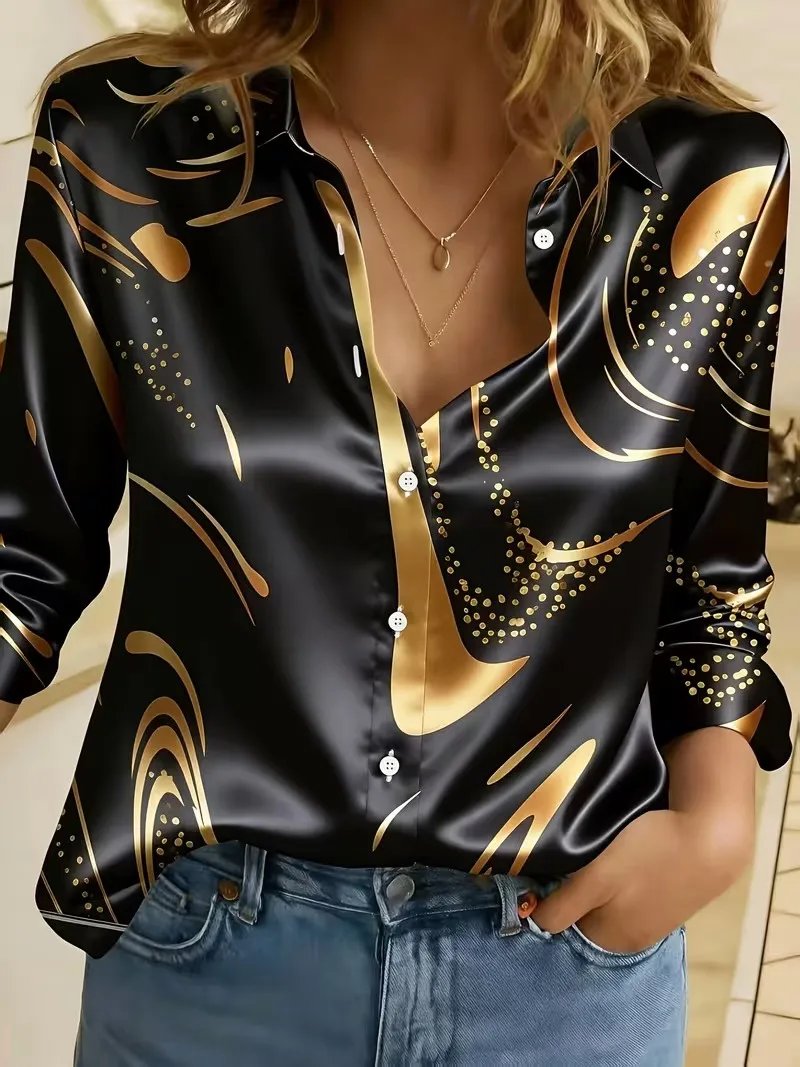 New gold-plated curve polka dot abstract printed long sleeved shirt with smooth drape satin lapel men's versatile top