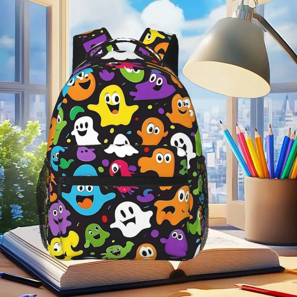

Spooky Ghost Halloween Cartoon Backpack Student Boys Girls BookBag Children School Bag Computer Shoulder Bags for Men Women