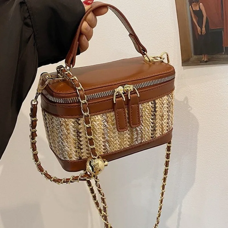 

Fashion Box Faux Straw Women Handbags Luxury Pu Leather Patchwork Chains Shoulder Crossbody Bag Casual Summer Beach Small Purses