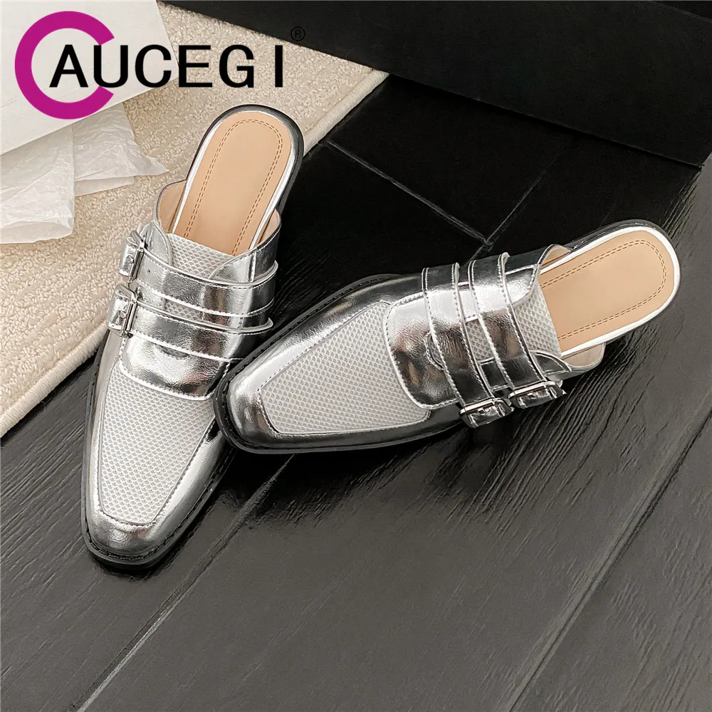 

Aucegi Breathable Mesh Splicing Cow Leather Square Toe Women Slides Slippers White Silver Fashion Party Daily Mules Dress Shoes