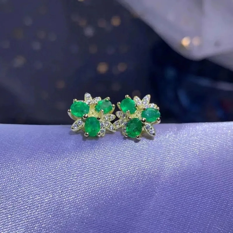 YULEM Fashionable Earring Studs Natural Emerald for Women Flower Shaped Silver 925 Jewelry Anniversary Gift