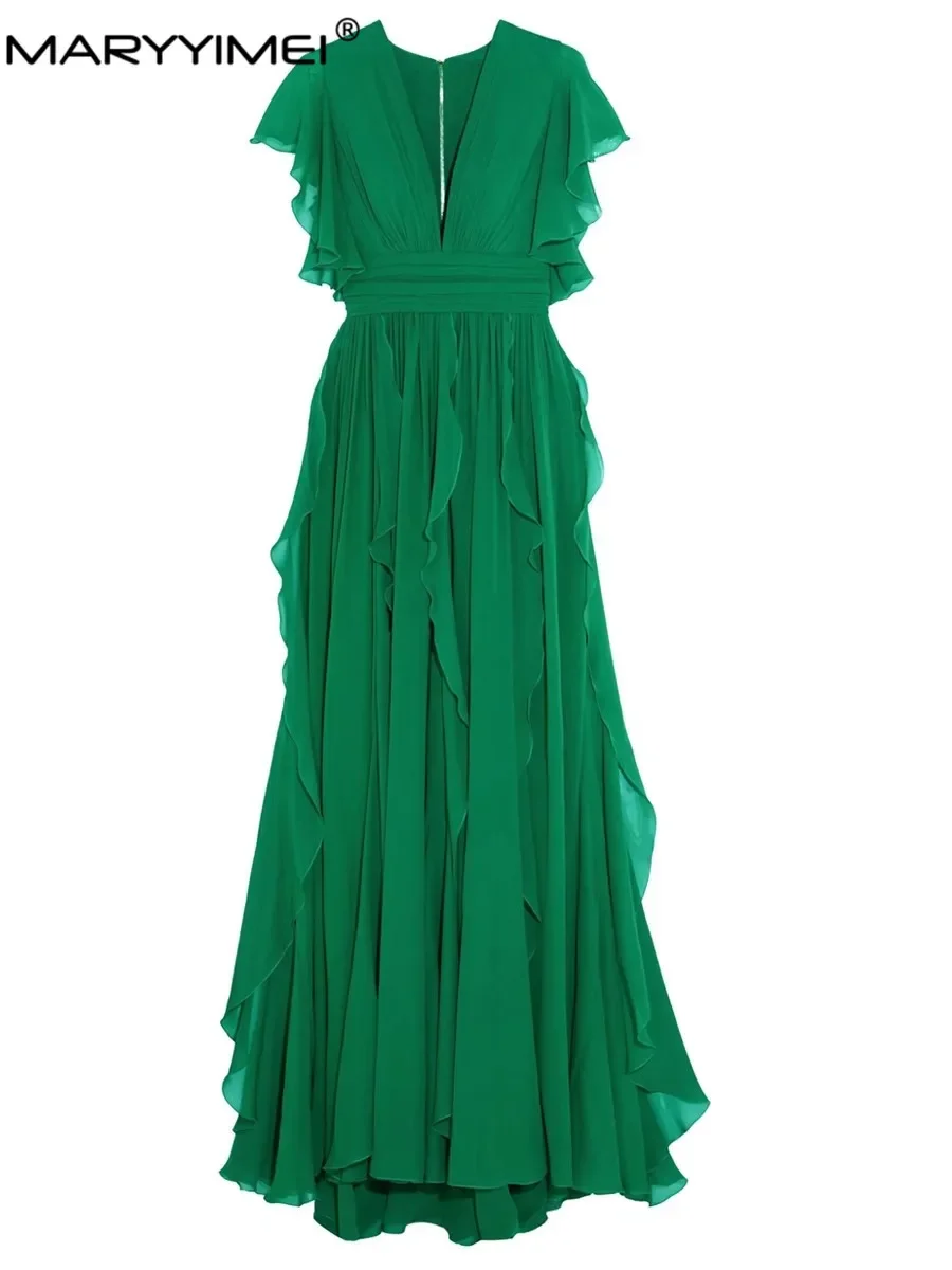 MARYYIMEI créateur de mode été femmes robe col en v manches papillon mince taille haute élégant volants robes vertes