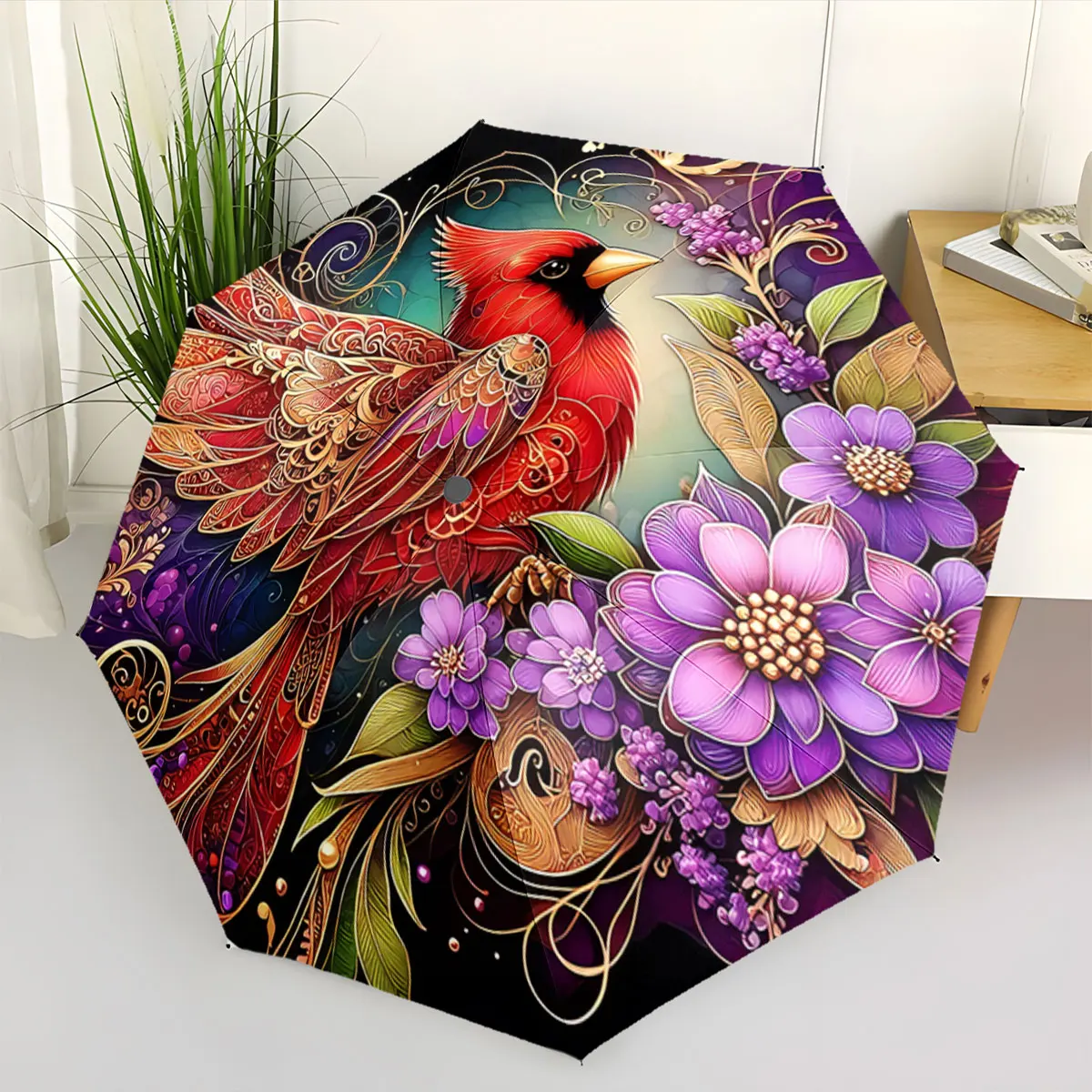 Colorful Cardinal Bird and Purple Floral Artistic Design portable waterproof sun rain umbrella for outdoor travel beach