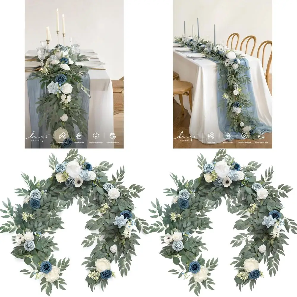 

6 футов искусственная гирлянда из эвкалипта и розы для свадебного милого стола, мантии, Рождества, пляжа, пыльно-синего и белого декора