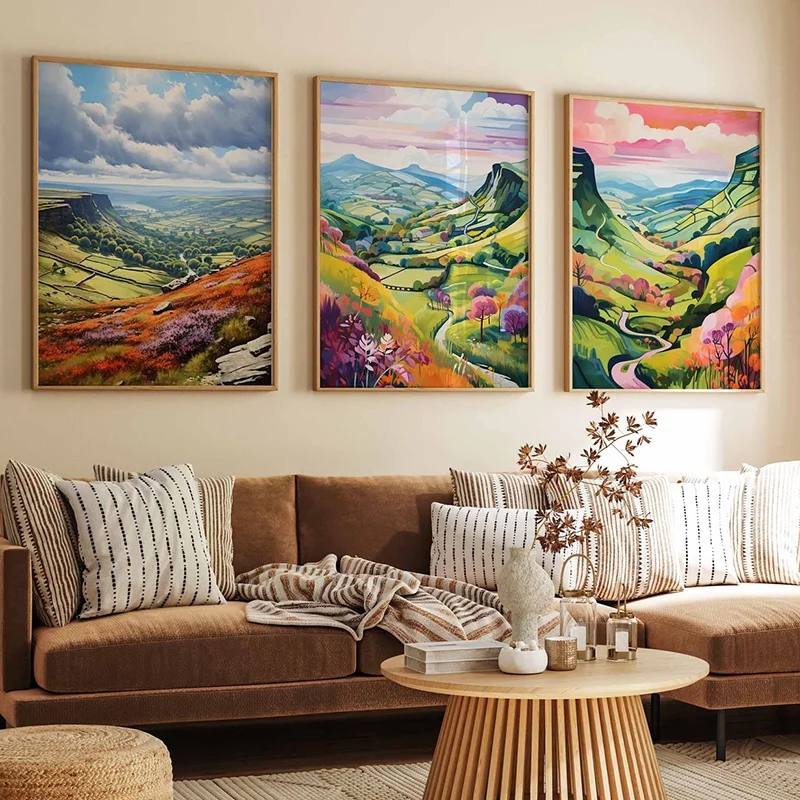 3PCS frameless decorative art print,3PCS National Park Posters  UK Travel landscape Wall Art  Floral Art   The Peak District Pos