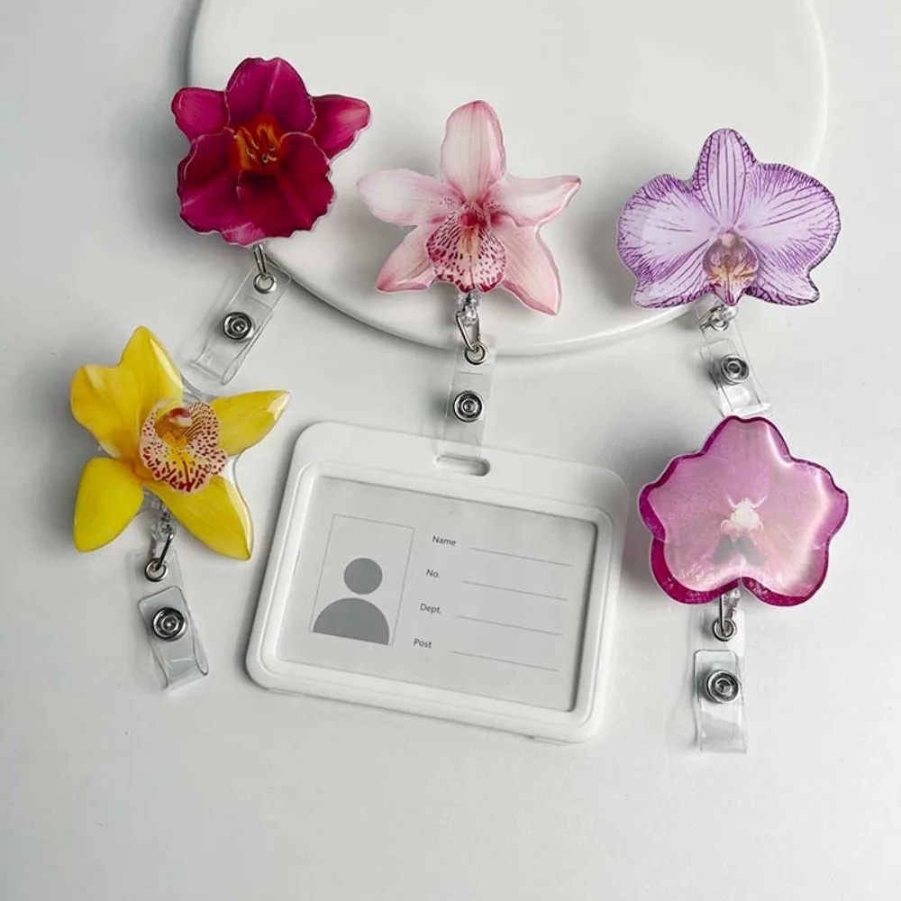 New Acrylic Resin Holder Clip Orchid Flower Shape Durable ID Badge Reel Retractable Design Retractable Badge Holder Chest Card