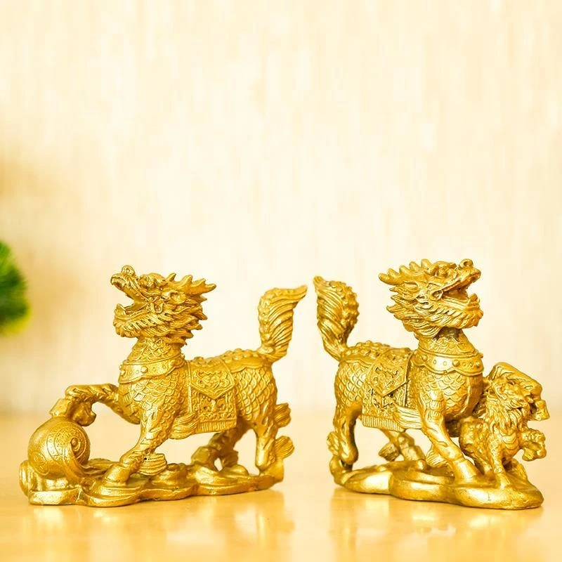 Copper Ornament, Auspicious , Mother Child Kirin Wealth Fortune, Feng Shui Decoration For Home And Office