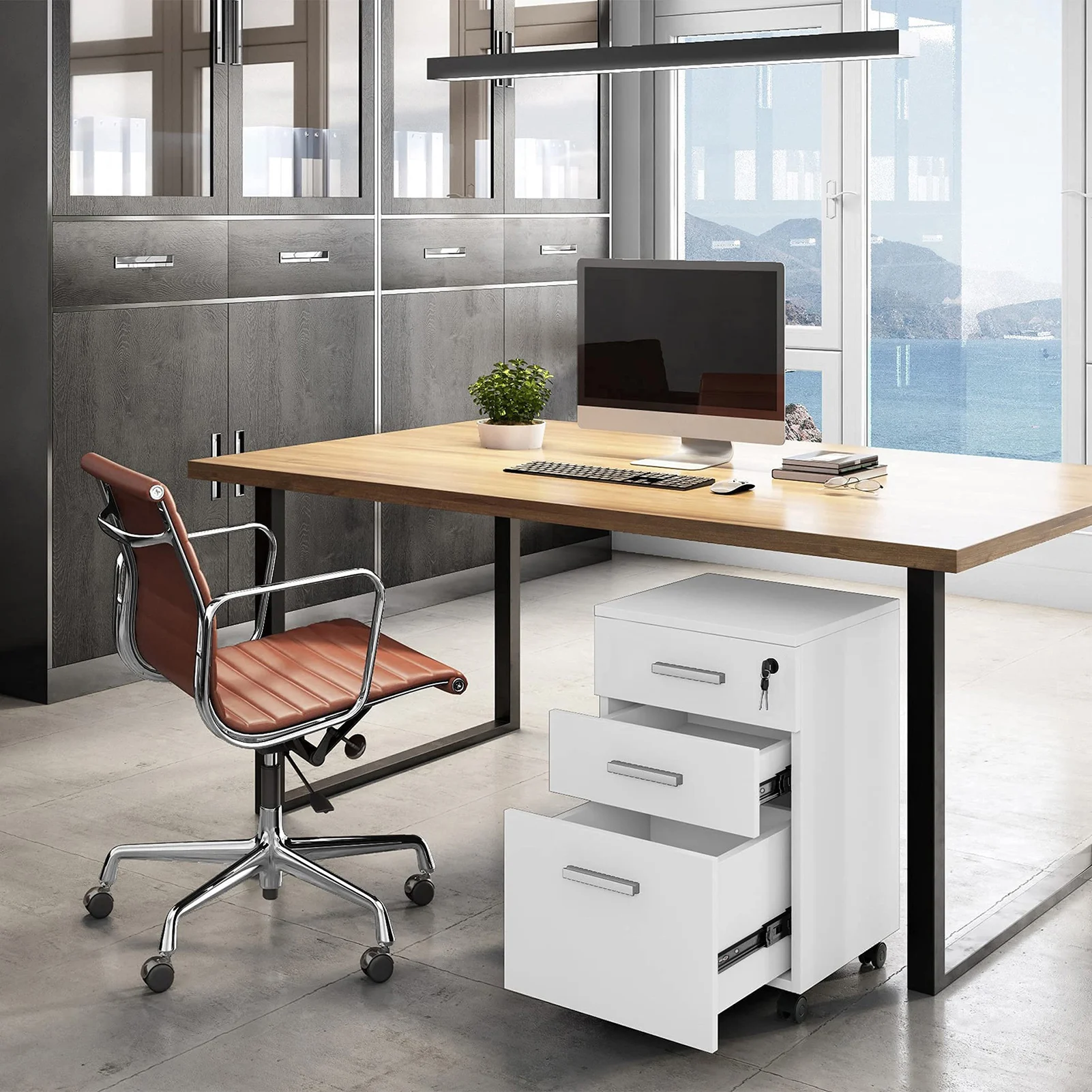 360 Degree Casters Large Capacity Spacious Desktop Heightening Design File Cabinet 3 Drawer Rolling Office Bookcase with Lock