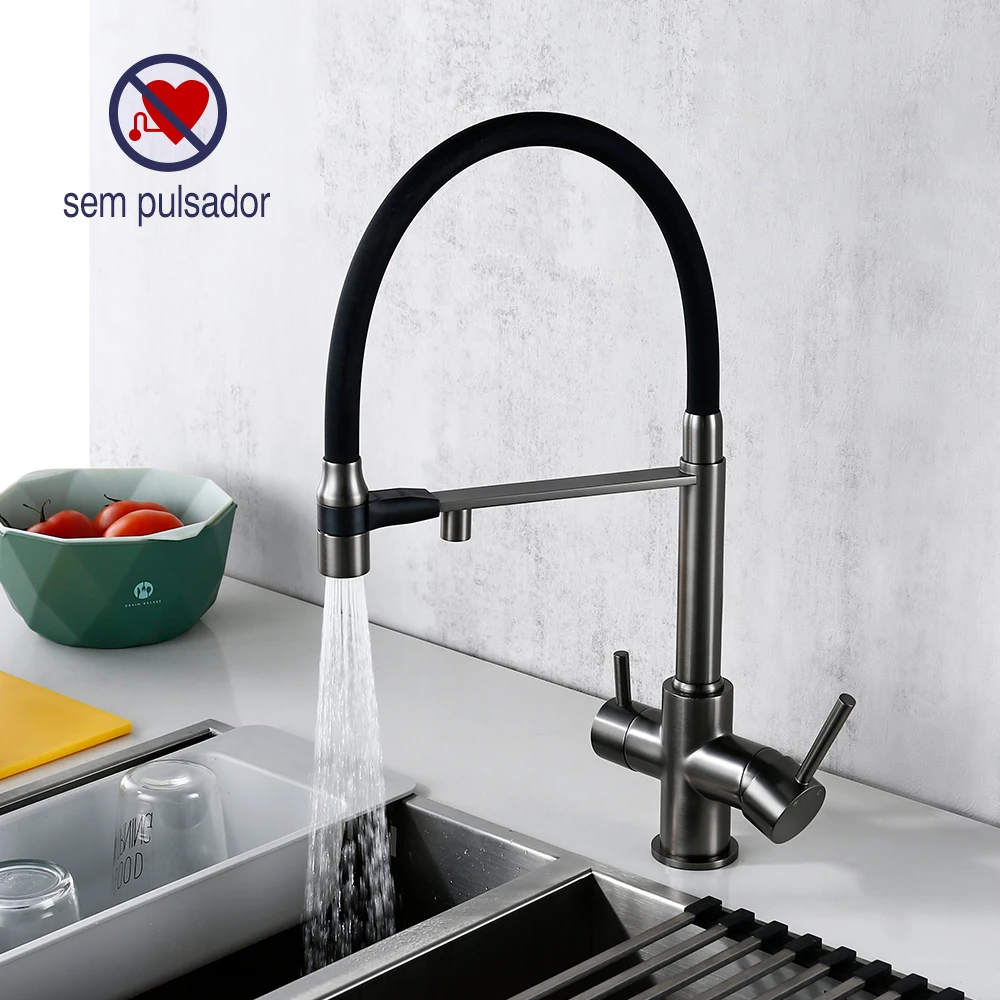 Gunmetal Kitchen Faucet Filter 360 Swivel Pure Water Tap for 3 Ways Kitchen Pull Out Purification Water Mixer Double Handle