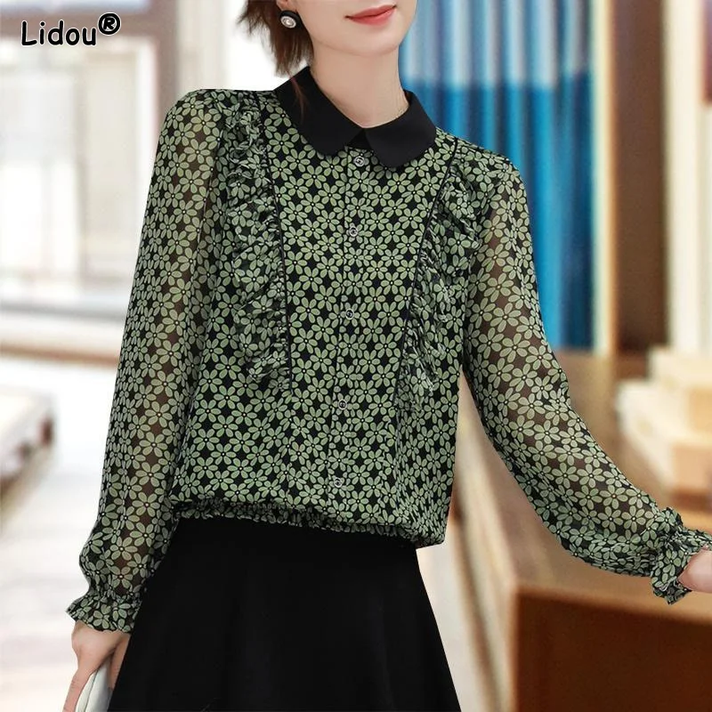

Thin Turn-down Collar Solid Color Printing Blouses Floral Pullovers Simplicity Women's Clothing Elegant Spring Summer Casual