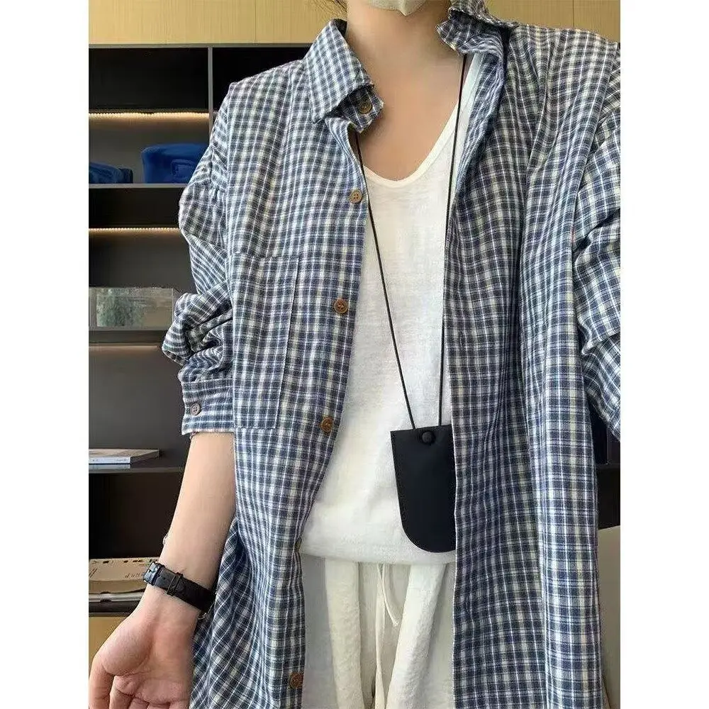 

Blue Plaid Loose Long Sleeve Women's Shirt Vintage Casual Versatile Top Spring Autumn Fashion Classic Button down Collar