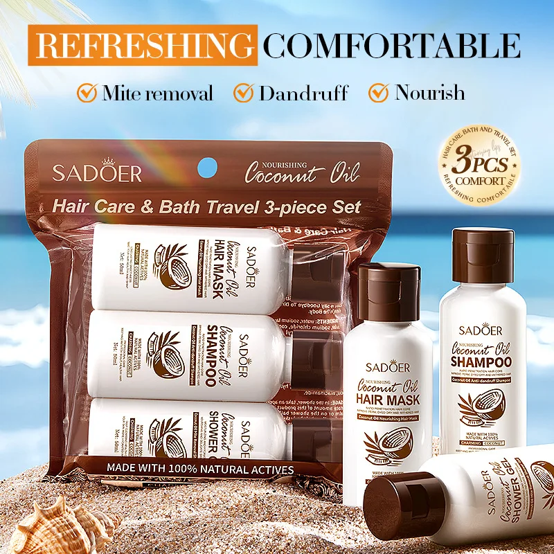 Coconut oil travel care set, including oil-controlling shampoo, conditioner, and body wash,a portable three-piece toiletries set
