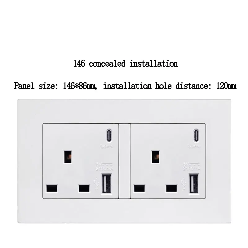 86/146 Wall Concealed White 13A UK Standard Switch Socket, Socket With USB Type-c Fast Charging And 1Gang Switch Control Panel
