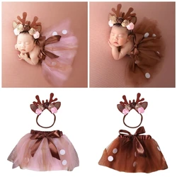 Newborn Photo Props Bowknot Tutu Skirt Antler Flower Headband Set Baby Girl Photo Costume for Infant Photography 2PCS