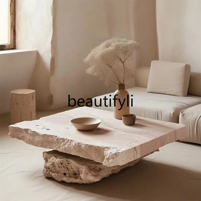 G Wabi-sabi natural travertine coffee table living room, simple retro art crushing effect stone table
