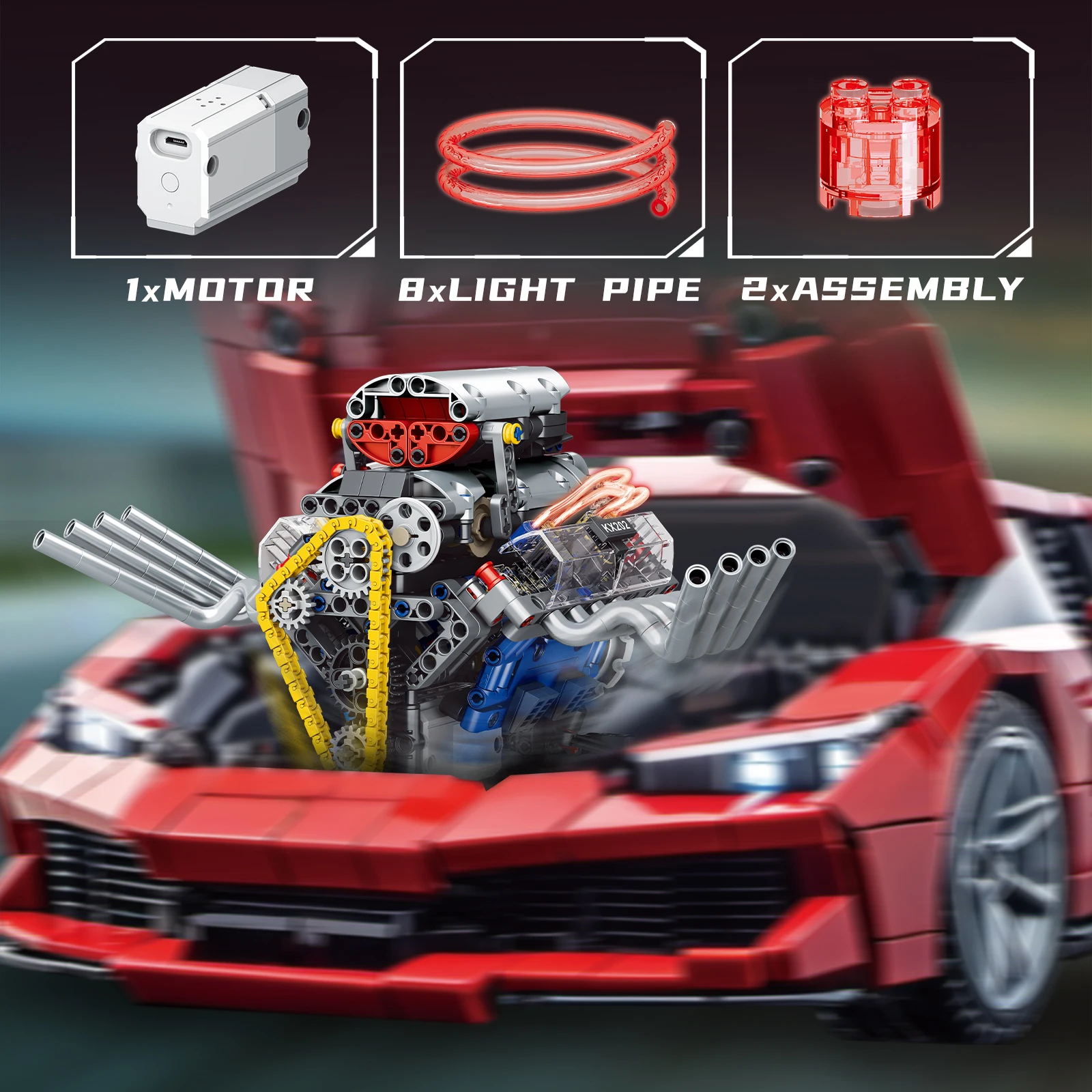 665 parts V8 engine blocks model set, sports car motor , compatible with Legoeds technic bricks,, is the perfect gift for boys