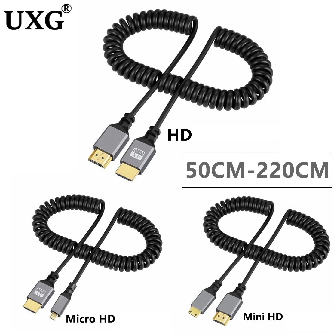 4K@60HZ 0.5-2.2M Compatible HDMI TO Micro Mini HDMI-Compatible Coiled Extension Flexible Spiral Cable Male To Male Plug HD Cable