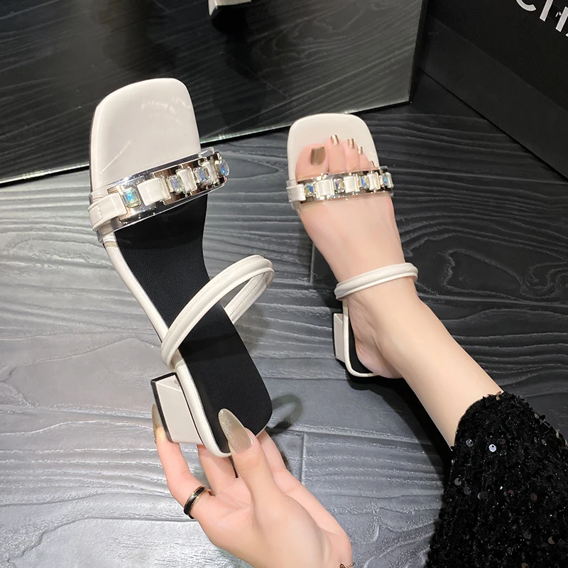 

Bling Silver Slippers for Women Shoes Ladies Peep Toe Rivet Casual Slides Female Bling Shine Crystal Slippers Square Heel Shoes