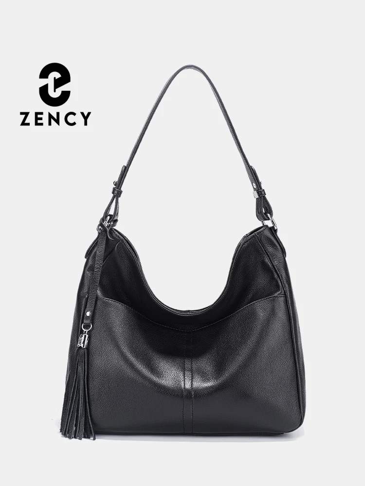 Zency Women Charming Handbag 100% Genuine Leather Soft Hobo Shoulder Crossbody Elegant Tassel Shoulder Bag Large Capacity Sac