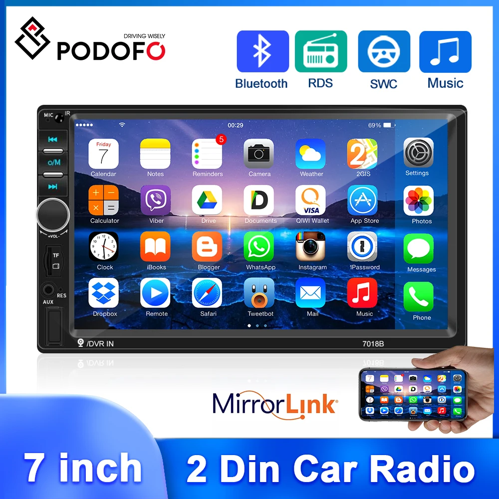 

Автомагнитола Podofo 7018B, мультимедийный плеер 7 дюймов с MirrorLink, Bluetooth, дистанционным управлением, FM/USB/MP3, 4 динамика, типоразмер 2DIN