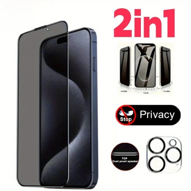 

2-in-1 1Pcs Anti-Spy Tempered Glass+1Pcs Camera Lens Protector for IPhone 16/15/14/13/12/11 Pro Max 16E 12Mini Privacy Protector
