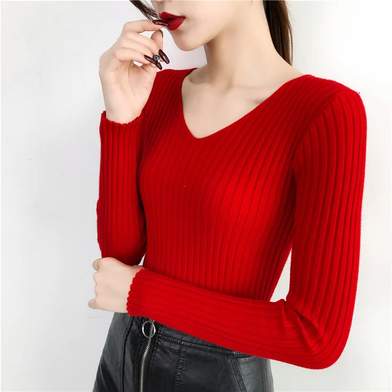 Autumn Winter Knitted V Neck Women Sweaters Casual Long Sleeve Pullover Soft Warm Sweater Femme Fashion Basic Solid Jersey Tops