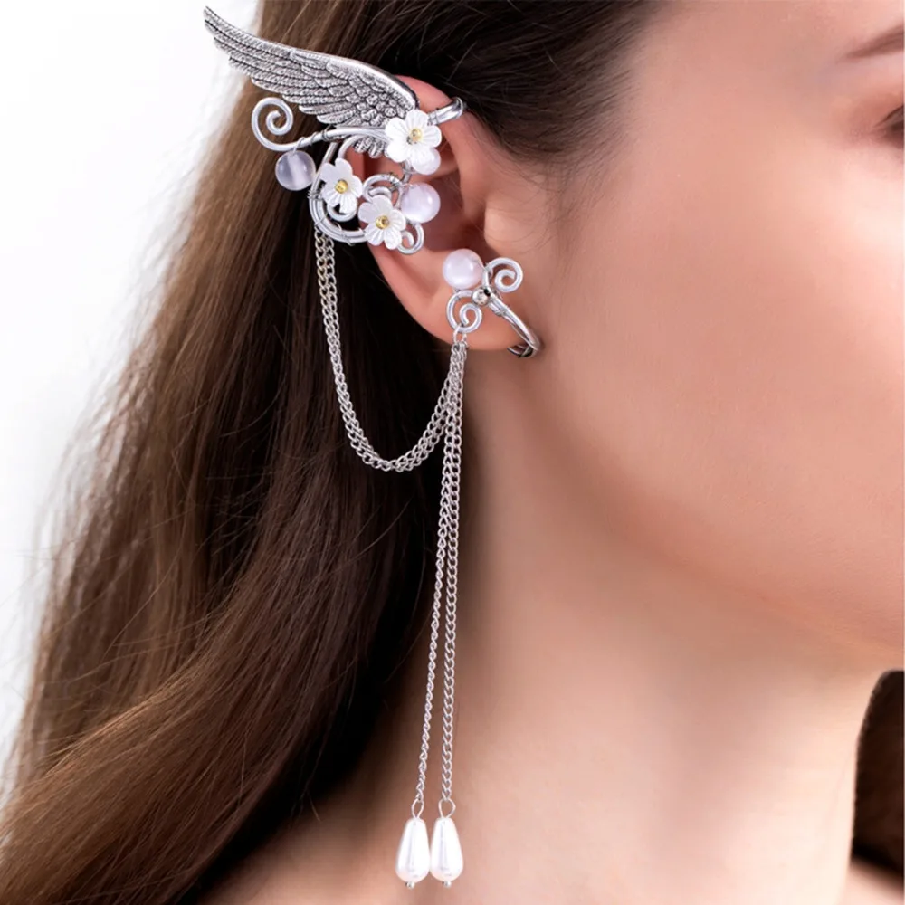 1 Paar Charm-Feen-Ohrenmanschetten mit langen Quasten, Elfenflügeln und Harzblumen, ohne Piercing, Elfen-Clip-Ohrringe für Damen, Cosplay, Cospla – Detail 3
