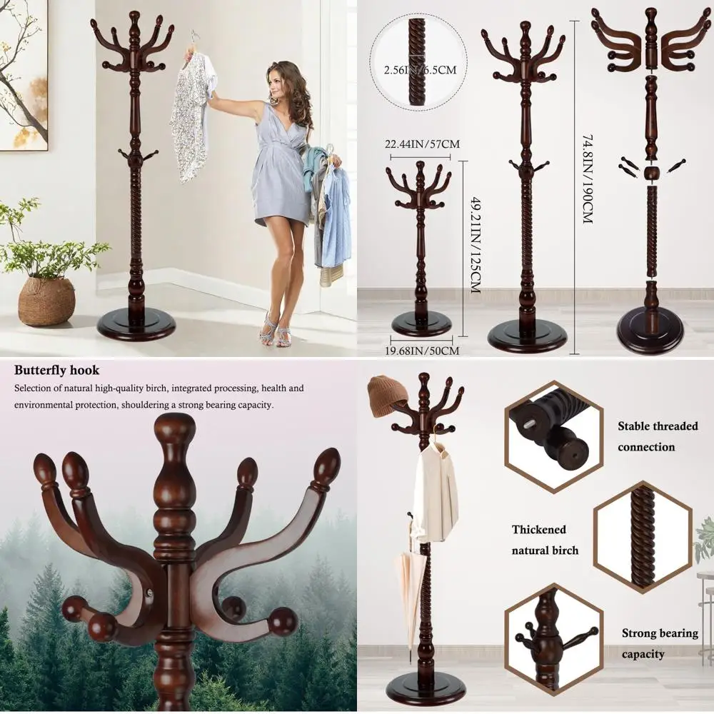 شجرة معطف من الخشب الصلب مع 11 خطافًا، رف متين قائم بذاته مع قاعدة مستديرة ثابتة، لمسة نهائية من خشب البتولا الطبيعي