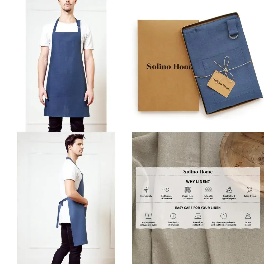 

100% Linen Blue Kitchen Apron with Pockets - Handcrafted European Style Apron for Men and Women - Durable and Stylish Cooking Ac