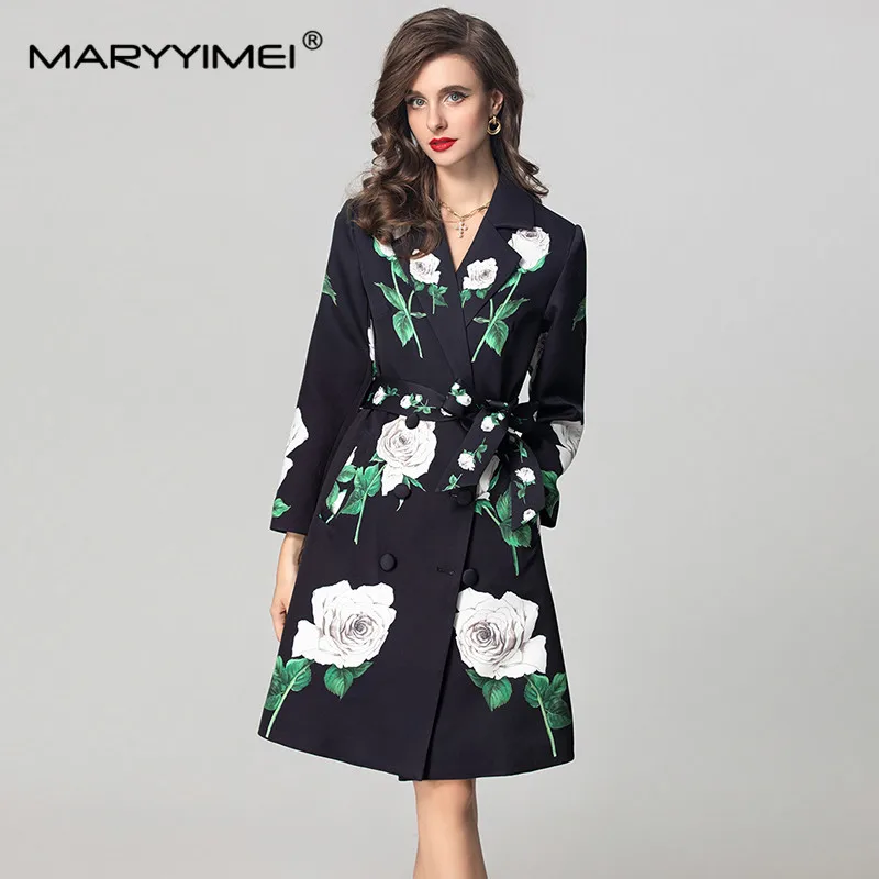 MARYYIMEI Women's Elegant Casual Holiday Coat Long-Sleeved Double-Breasted Lace-Up Slim Rose Print Overcoat