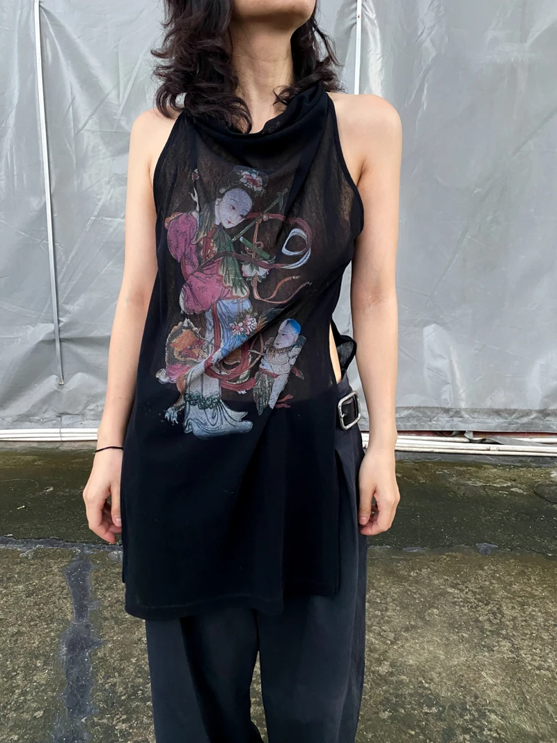 

Традиционный ретро-топ с принтом и высоким воротником, летний, свободного кроя, из сетчатой ткани, повседневная верхняя одежда для женщин