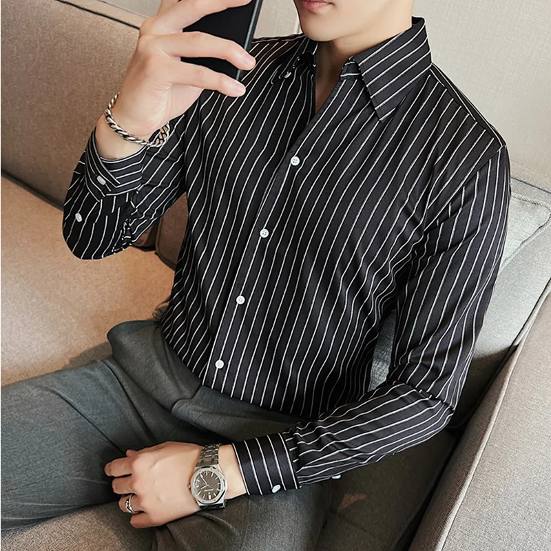 British Style Slim Fit Striped Shirts Mens Long Sleeved Business Formal Shirts Streetwear Formal Social Party Clothing Hommes