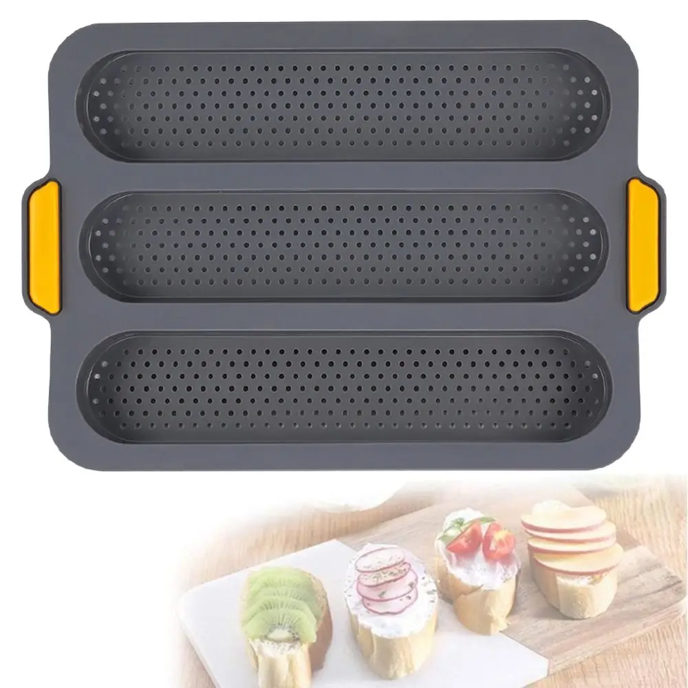 

3 Slot Long Stick Bread Baking Tray Easy Clean Non-stick Perforated Bread Mold Large Capacity Heat Resistant Silicone Loaf Pan