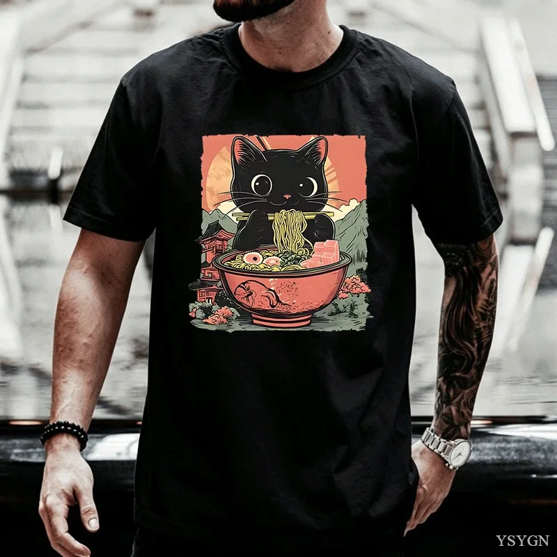 Noodle Ramen Cat Shirt Teen Pop Culture Graphic Comfortable Gothic Vintage Classic T-shirt Men 80s Comfortable 2000s Kawaii Tops