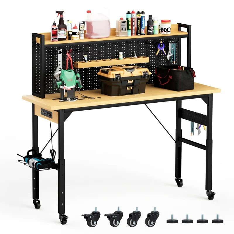 

Heavy Duty Rolling Workbench with Pegboard, Adjustable Desktop, Wheels, AC/USB Outlet, Hooks, Shelf – 1600 lb Capacity for Garage, Workshop, Office, Home