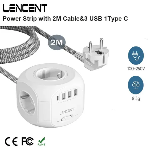 LENCENT EU 플러그 멀티탭, AC 콘센트 4 개, USB 포트 3 개, 1 타입 C, 2M, 3M 편조 케이블, 가정용 스위치 포함 멀티 소켓 