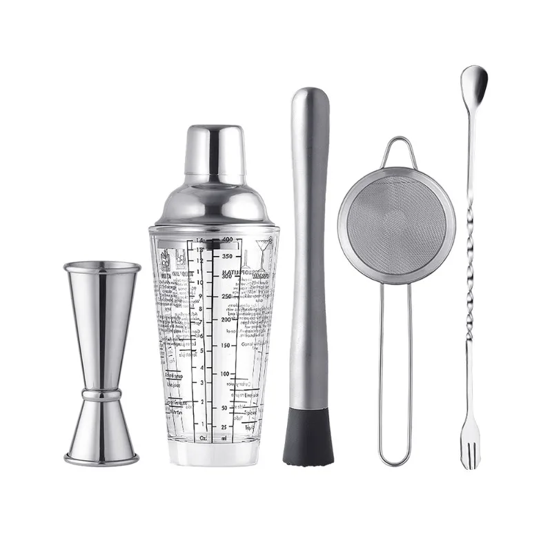 

Bar stainless steel cocktail shaker full set 400ml glass shaker set 5-piece set