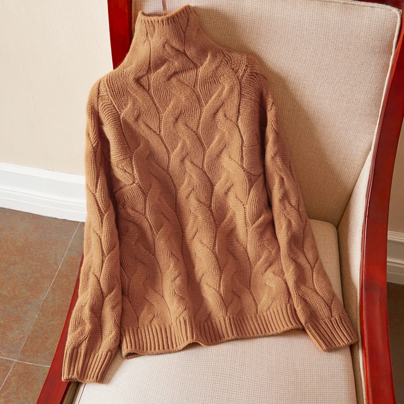 Elegant Cashmere Sueter New 100% Cashmere Sweater Women\'s Cable-Knit Turtleneck Loose Thickened Jumper Cardigan Winter Tops