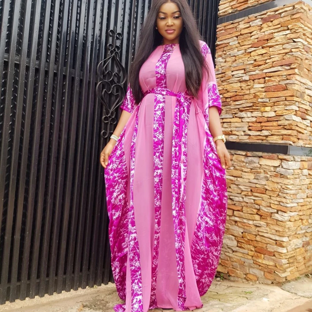 

African Women's Gown African Dress Plus Size Long Skirt Pearl Chiffon Digital Print with Belt + Inner Skirt ML103Q58