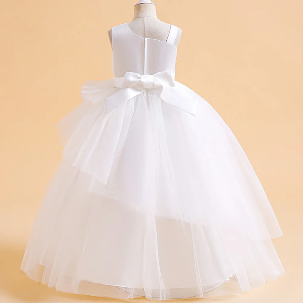 Elegant Girls Princess Dress Kids Birthday Wedding Party Layered Tulle Clothes Young Girls White Pink Evening Costume Vestidos