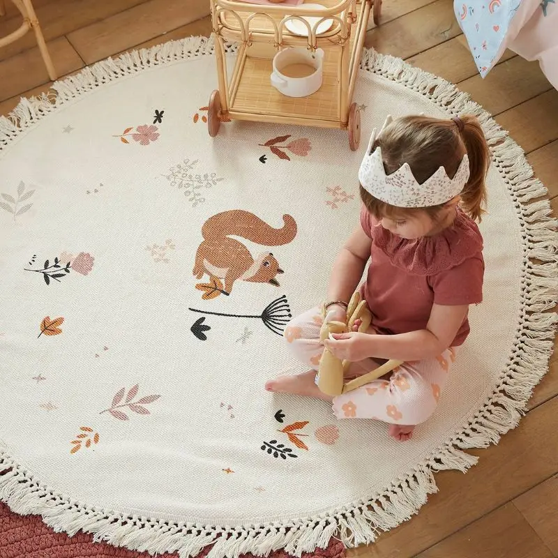 Squirrel Fluffy Carpet For Living Room With Tassels Round Plush Bedroom Rugs White Hairy Nursery Play Mat For Children Baby Mats