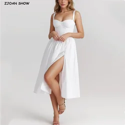 2024 Sexy Bra Chest With Wire Corset Style Low Waist Spliced Ruched Pleated Swing Long Midi Dress Women Bodycon Sling Robe White