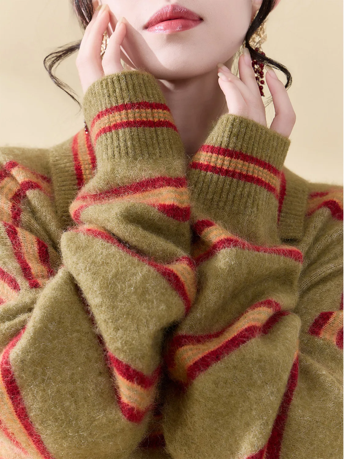 

Ele Striped Knitwear Women's Loose Fit Long Sve round Ne Pullover Faionable Leisure Vintage Sle Autumn Winter Sw...