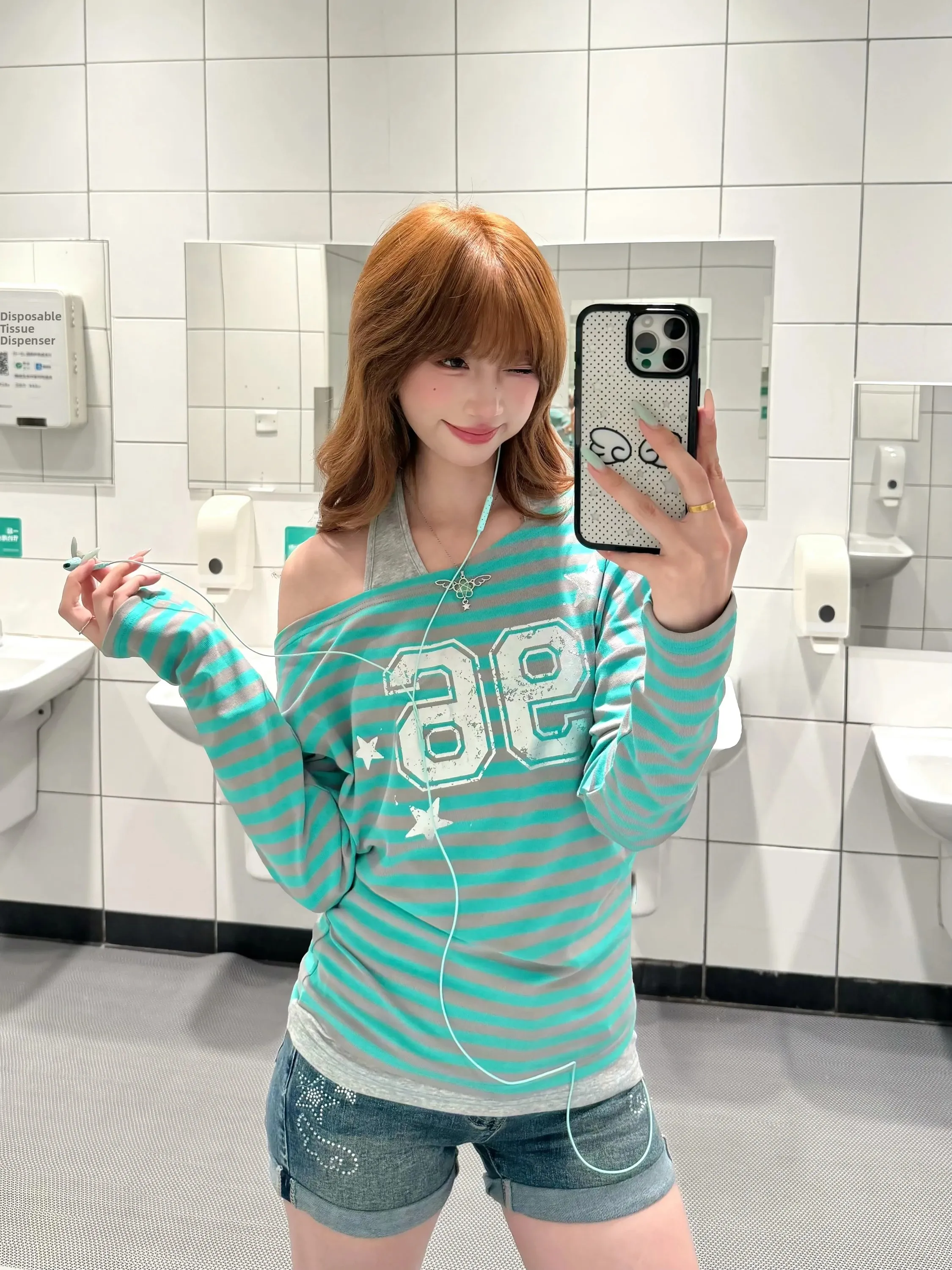 Slimming Mint Green Striped Shoulder Baring Long Sleeve T Shirt Women's Fashion Sweet Style Casual Loose Fit Printed Top
