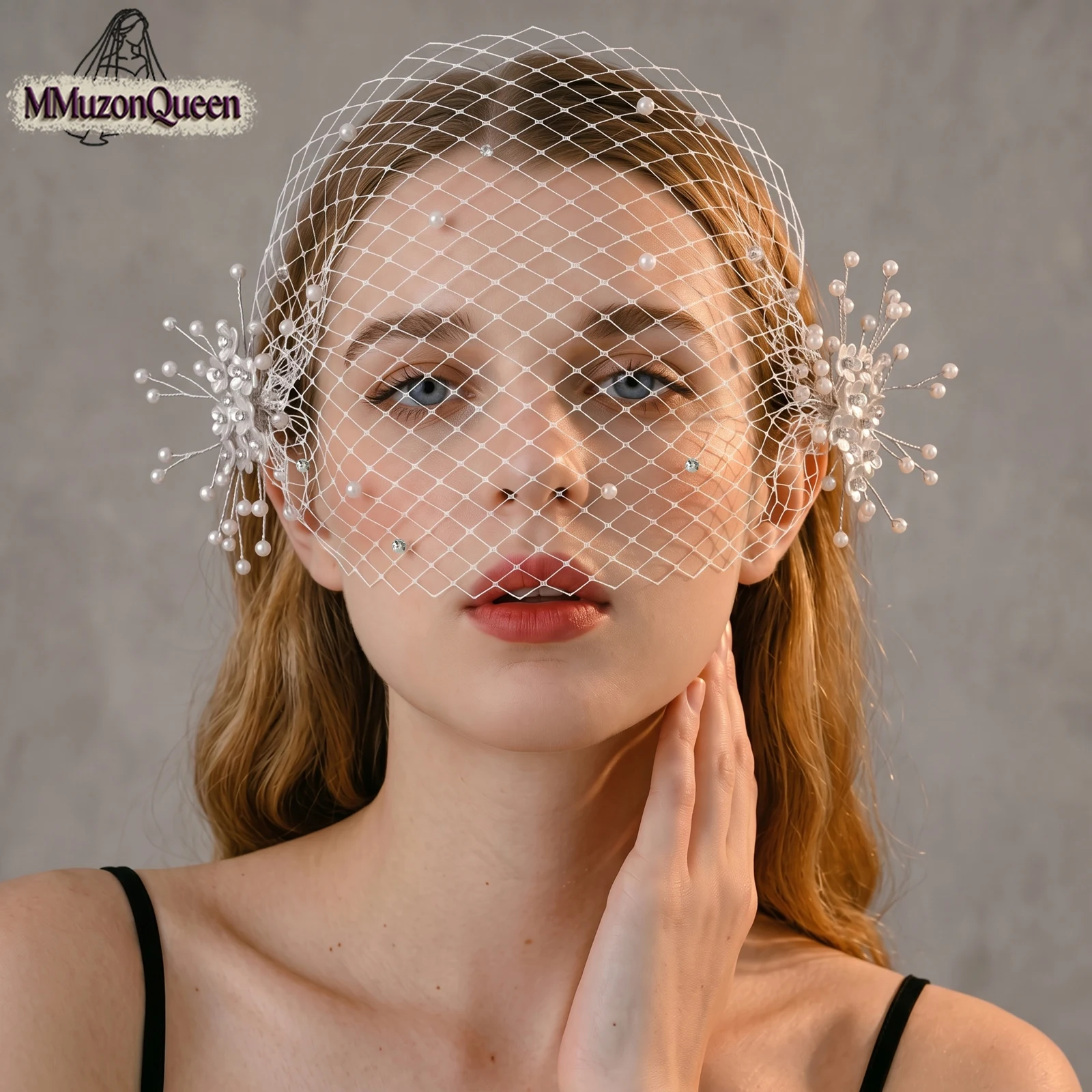 TOPQUEEN Pearl Cage Veil 3d Flower Pearl Beaded Cage Veil For Women Powder Blusher Veil With Comb Breathable Ladies Holiday VA36